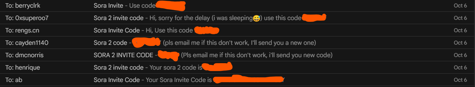 Screenshot showing Sora 2 invite codes being sent to customers